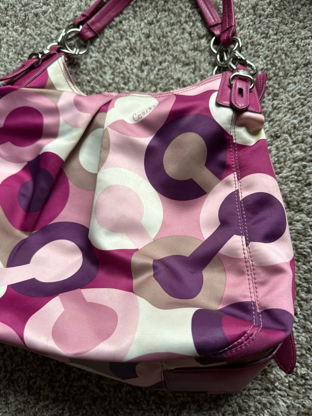 Coach Pink and Purple Signature Circle-Print Hobo Bag